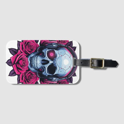 Neon Cyber Death Skull en Rozen Wit Bagagelabel (Voorkant (horizontaal))
