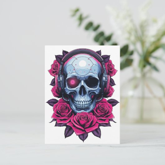 Neon Cyber Death Skull en Rozen Wit Briefkaart (Staand voorkant)