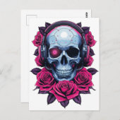 Neon Cyber Death Skull en Rozen Wit Briefkaart (Voorkant / Achterkant)