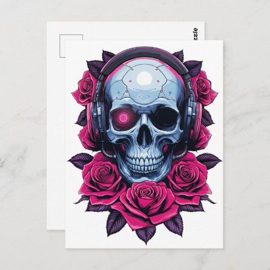 Neon Cyber Death Skull en Rozen Wit Briefkaart (Voorkant / Achterkant)