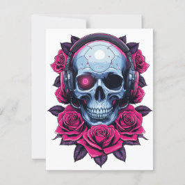 Neon Cyber Death Skull en Rozen Wit Briefkaart