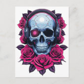 Neon Cyber Death Skull en Rozen Wit Briefkaart (Voorkant)