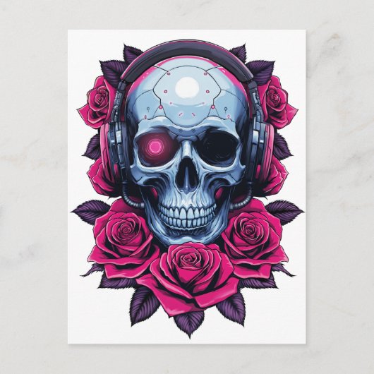 Neon Cyber Death Skull en Rozen Wit Briefkaart (Voorkant)