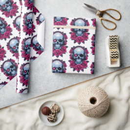 Neon Cyber Death Skull en Rozen Wit Cadeaupapier