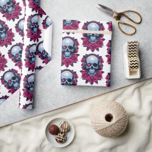 Neon Cyber Death Skull en Rozen Wit Cadeaupapier (Crafts)