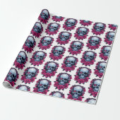 Neon Cyber Death Skull en Rozen Wit Cadeaupapier (Uitgerold)