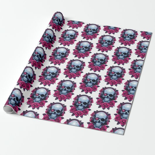 Neon Cyber Death Skull en Rozen Wit Cadeaupapier (Uitgerold)