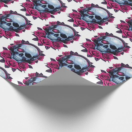 Neon Cyber Death Skull en Rozen Wit Cadeaupapier (Hoek)