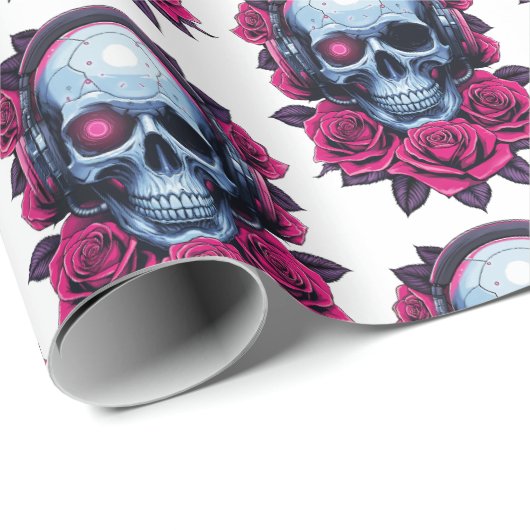 Neon Cyber Death Skull en Rozen Wit Cadeaupapier (Rol Hoek)