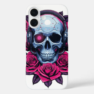 Neon Cyber Death Skull en Rozen Wit iPhone 16 Hoesje