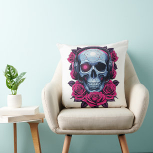 Neon Cyber Death Skull en Rozen Wit Kussen