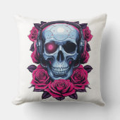 Neon Cyber Death Skull en Rozen Wit Kussen (Voorkant)