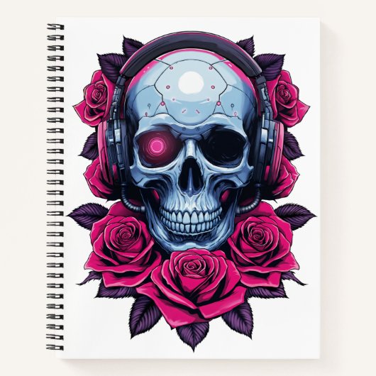 Neon Cyber Death Skull en Rozen Wit Notitieboek (Voorkant)