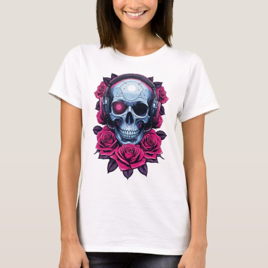 Neon Cyber Death Skull en Rozen Wit T-shirt (Voorkant)