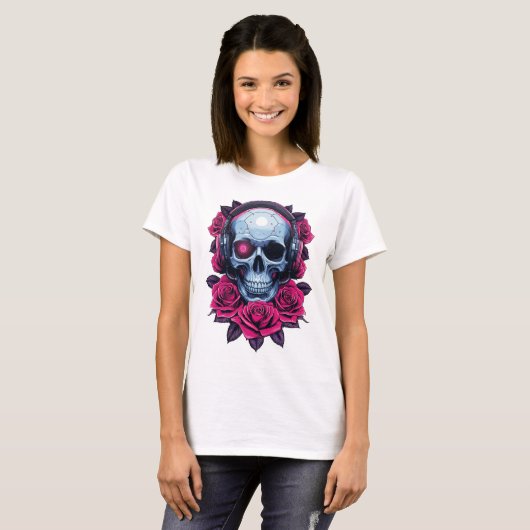 Neon Cyber Death Skull en Rozen Wit T-shirt (Voorkant volledig)