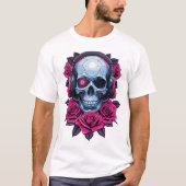 Neon Cyber Death Skull en Rozen Wit T-shirt (Voorkant)