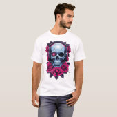 Neon Cyber Death Skull en Rozen Wit T-shirt (Voorkant volledig)