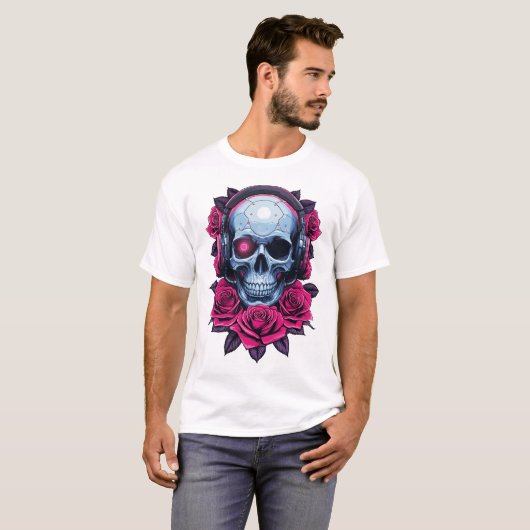 Neon Cyber Death Skull en Rozen Wit T-shirt (Voorkant volledig)