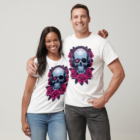 Neon Cyber Death Skull en Rozen Wit T-shirt (Unisex)