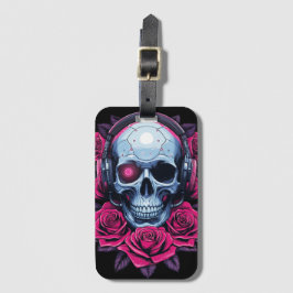 Neon Cyber Death Skull en Rozen Zwart Bagagelabel
