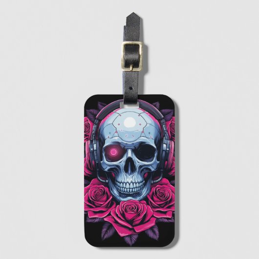 Neon Cyber Death Skull en Rozen Zwart Bagagelabel (Voorkant (verticaal))