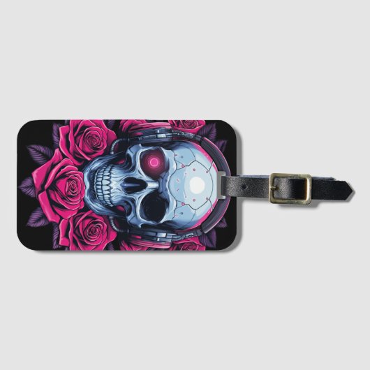 Neon Cyber Death Skull en Rozen Zwart Bagagelabel (Voorkant (horizontaal))
