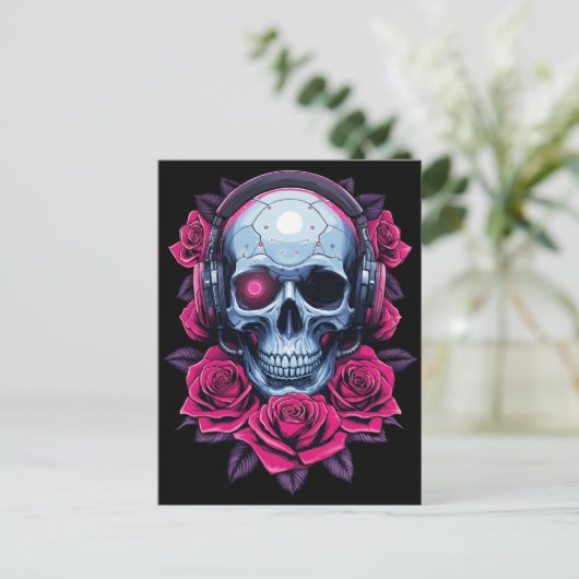 Neon Cyber Death Skull en Rozen Zwart Briefkaart (Staand voorkant)