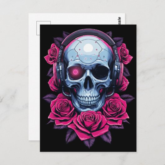Neon Cyber Death Skull en Rozen Zwart Briefkaart (Voorkant / Achterkant)