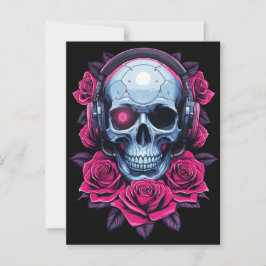 Neon Cyber Death Skull en Rozen Zwart Briefkaart