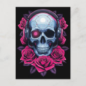Neon Cyber Death Skull en Rozen Zwart Briefkaart (Voorkant)