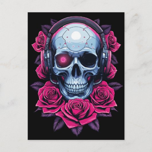 Neon Cyber Death Skull en Rozen Zwart Briefkaart (Voorkant)