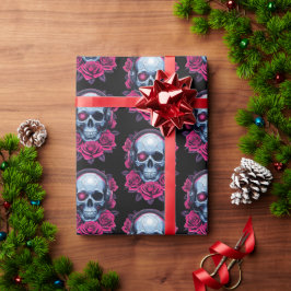 Neon Cyber Death Skull en Rozen Zwart Cadeaupapier