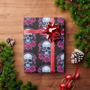 Neon Cyber Death Skull en Rozen Zwart Cadeaupapier