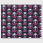 Neon Cyber Death Skull en Rozen Zwart Cadeaupapier (Vlak)