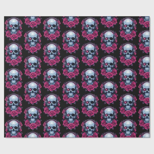 Neon Cyber Death Skull en Rozen Zwart Cadeaupapier (Vlak)