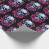 Neon Cyber Death Skull en Rozen Zwart Cadeaupapier (Hoek)