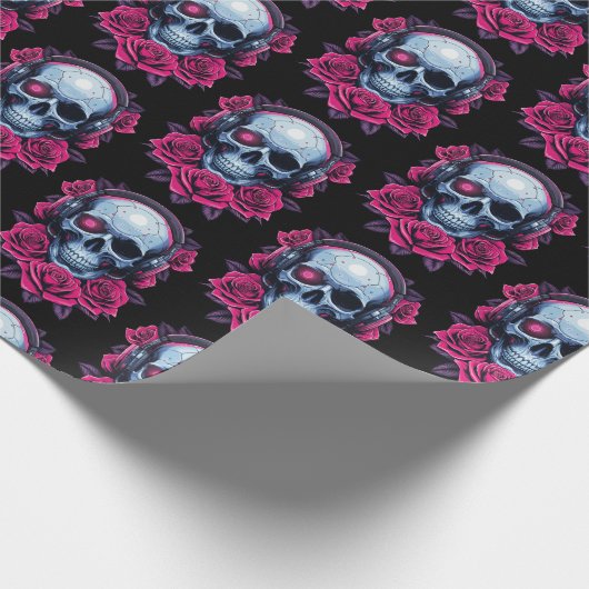 Neon Cyber Death Skull en Rozen Zwart Cadeaupapier (Hoek)