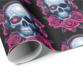 Neon Cyber Death Skull en Rozen Zwart Cadeaupapier (Rol Hoek)