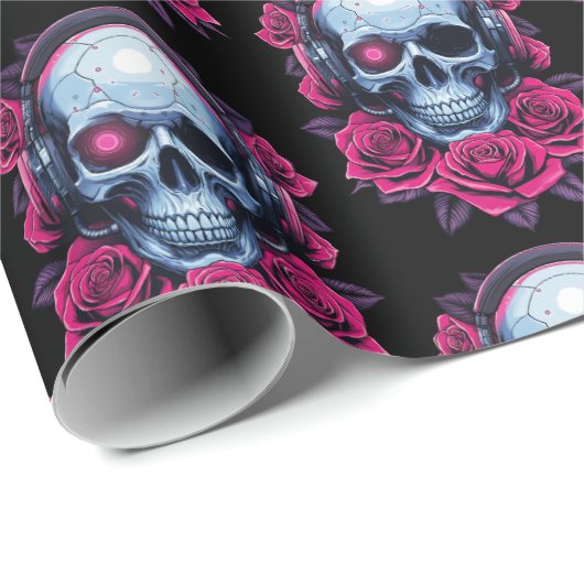 Neon Cyber Death Skull en Rozen Zwart Cadeaupapier (Rol Hoek)