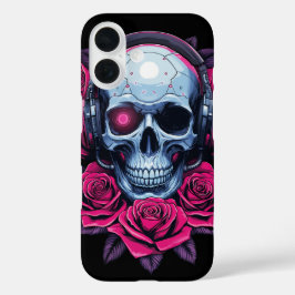 Neon Cyber Death Skull en Rozen Zwart iPhone 16 Hoesje