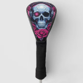 Neon Cyber Death Skull en Rozen Zwart Golfheadcover (Voorkant)