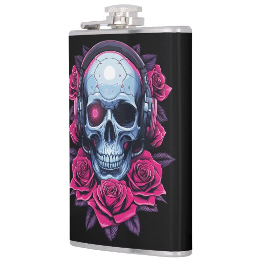 Neon Cyber Death Skull en Rozen Zwart Heupfles (Links)