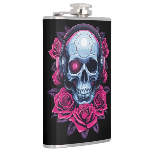 Neon Cyber Death Skull en Rozen Zwart Heupfles (Rechts)