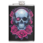 Neon Cyber Death Skull en Rozen Zwart Heupfles (Voorkant)