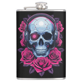 Neon Cyber Death Skull en Rozen Zwart Heupfles