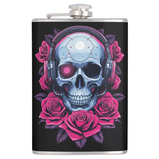 Neon Cyber Death Skull en Rozen Zwart Heupfles (Voorkant)
