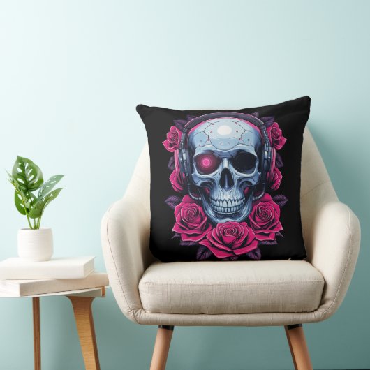 Neon Cyber Death Skull en Rozen Zwart Kussen (Stoel)