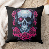 Neon Cyber Death Skull en Rozen Zwart Kussen (Deken)