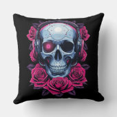Neon Cyber Death Skull en Rozen Zwart Kussen (Achterkant)