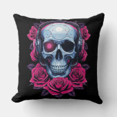 Neon Cyber Death Skull en Rozen Zwart Kussen (Voorkant)